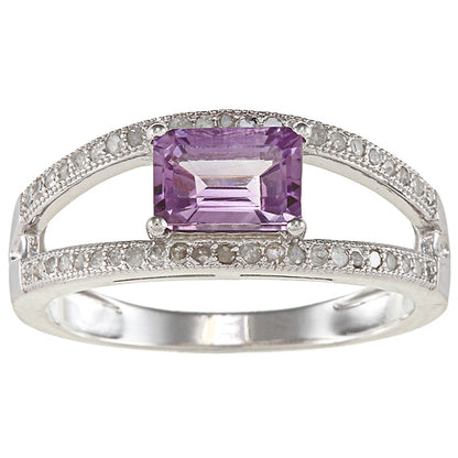 Sterling Silver Emerald-cut Amethyst and Split-Shank Diamond Ring
