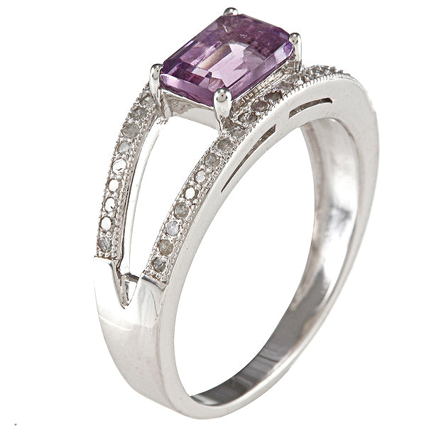 Sterling Silver Emerald-cut Amethyst and Split-Shank Diamond Ring