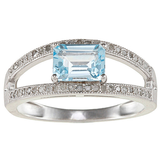 Sterling Silver Emerald-cut Blue Topaz and Split-Shank Diamond Ring