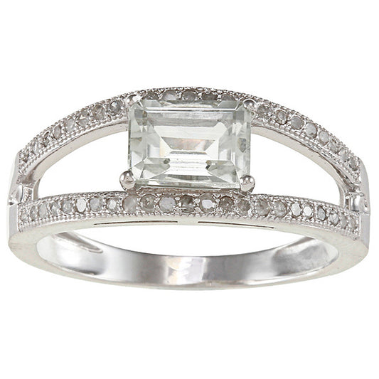 Sterling Silver Emerald-cut Green Amethyst and Split-Shank Diamond Ring