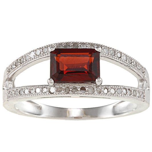 Sterling Silver Emerald-cut Garnet and Split-Shank Diamond Ring