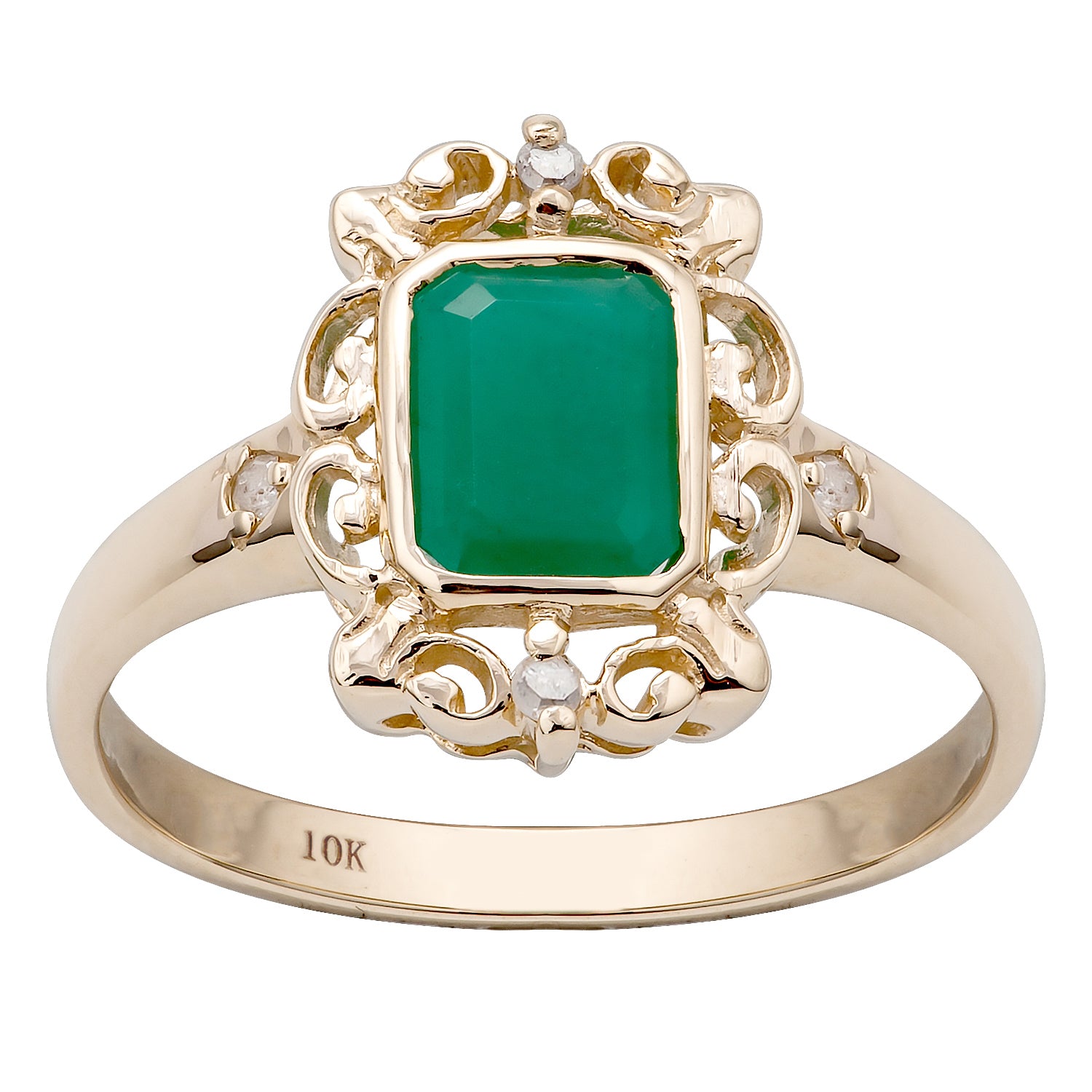 10k Yellow Gold Vintage Style Genuine Emerald and Diamond Ring