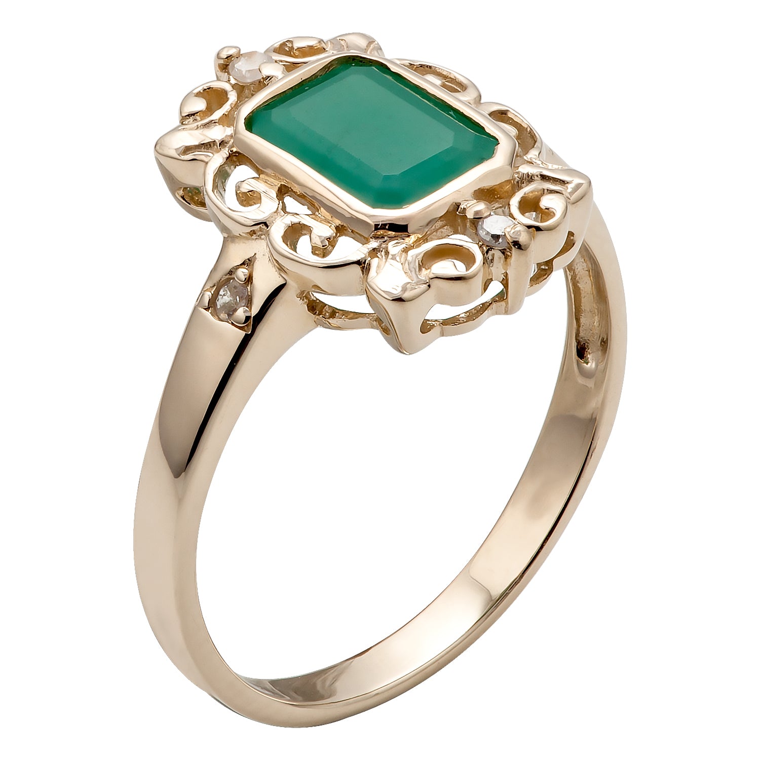 10k Yellow Gold Vintage Style Genuine Emerald and Diamond Ring