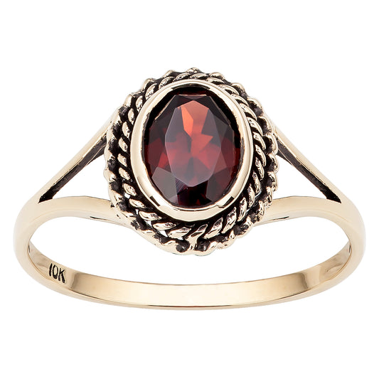 10k Yellow Gold Vintage Style Genuine Oval Garnet Split Shank Ring