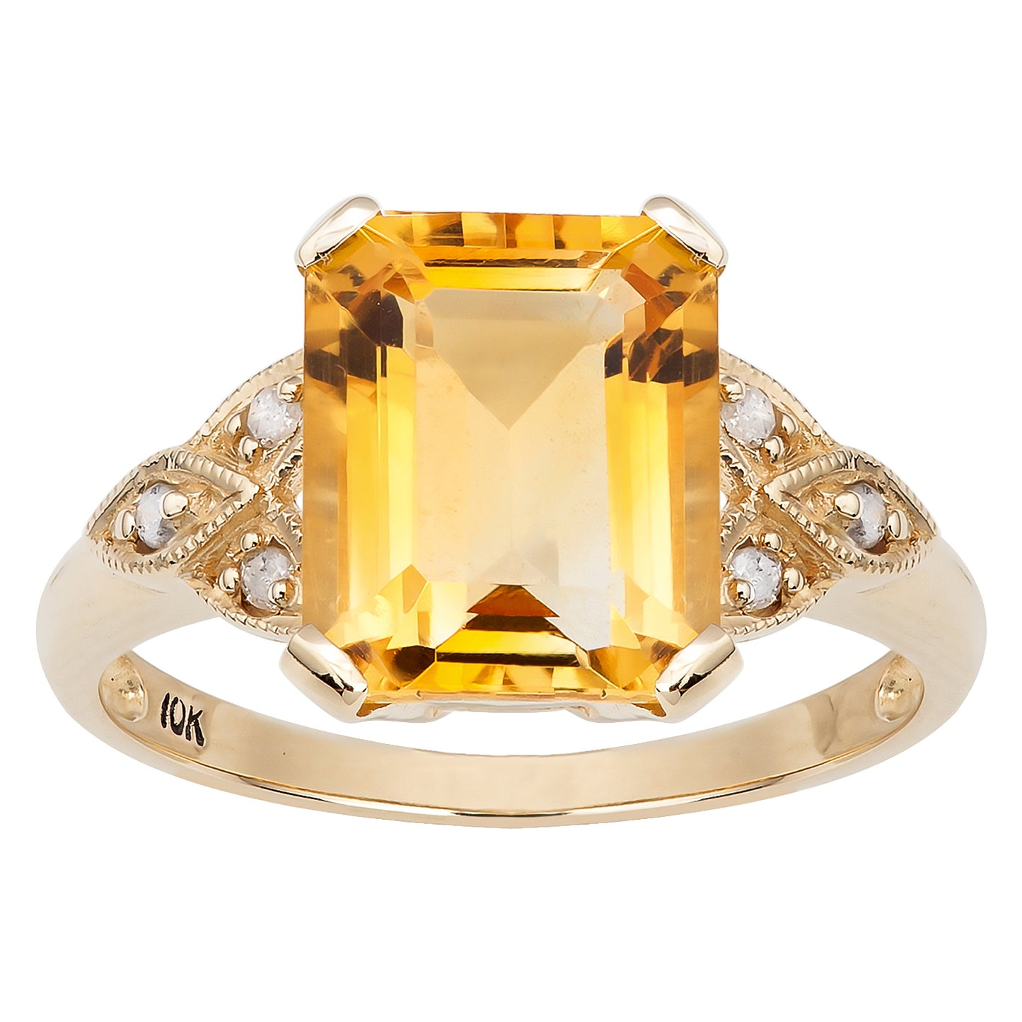 10k Yellow Gold Vintage Style Genuine Emerald-cut Citrine and Diamond Ring