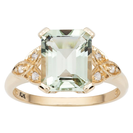 10k Yellow Gold Vintage Style Genuine Emerald-cut Green Amethyst and Diamond Ring