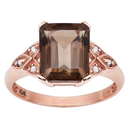 10k Rose Gold Vintage Style Genuine Emerald-cut Smoky Quartz and Diamond Ring