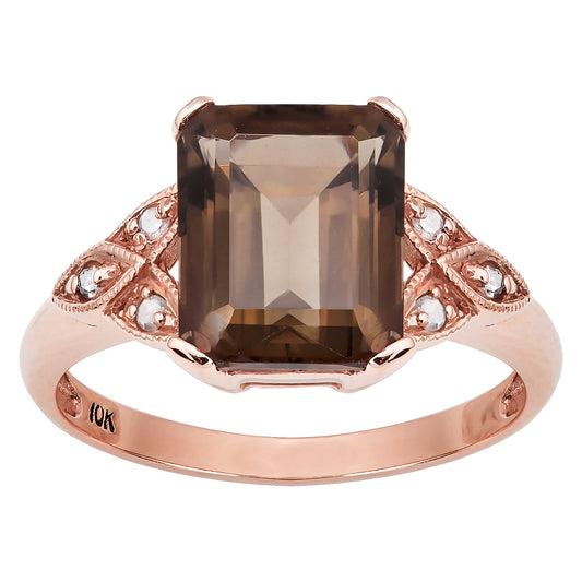 10k Rose Gold Vintage Style Genuine Emerald-cut Smoky Quartz and Diamond Ring