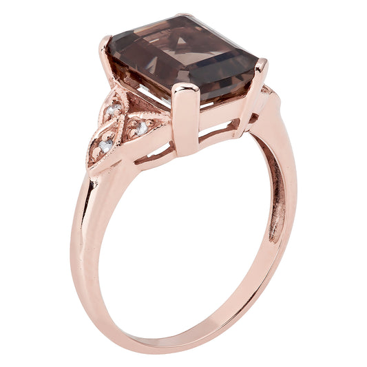 10k Rose Gold Vintage Style Genuine Emerald-cut Smoky Quartz and Diamond Ring