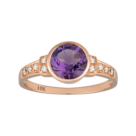 10k Rose Gold Vintage Style Genuine Round Amethyst and Diamond Ring