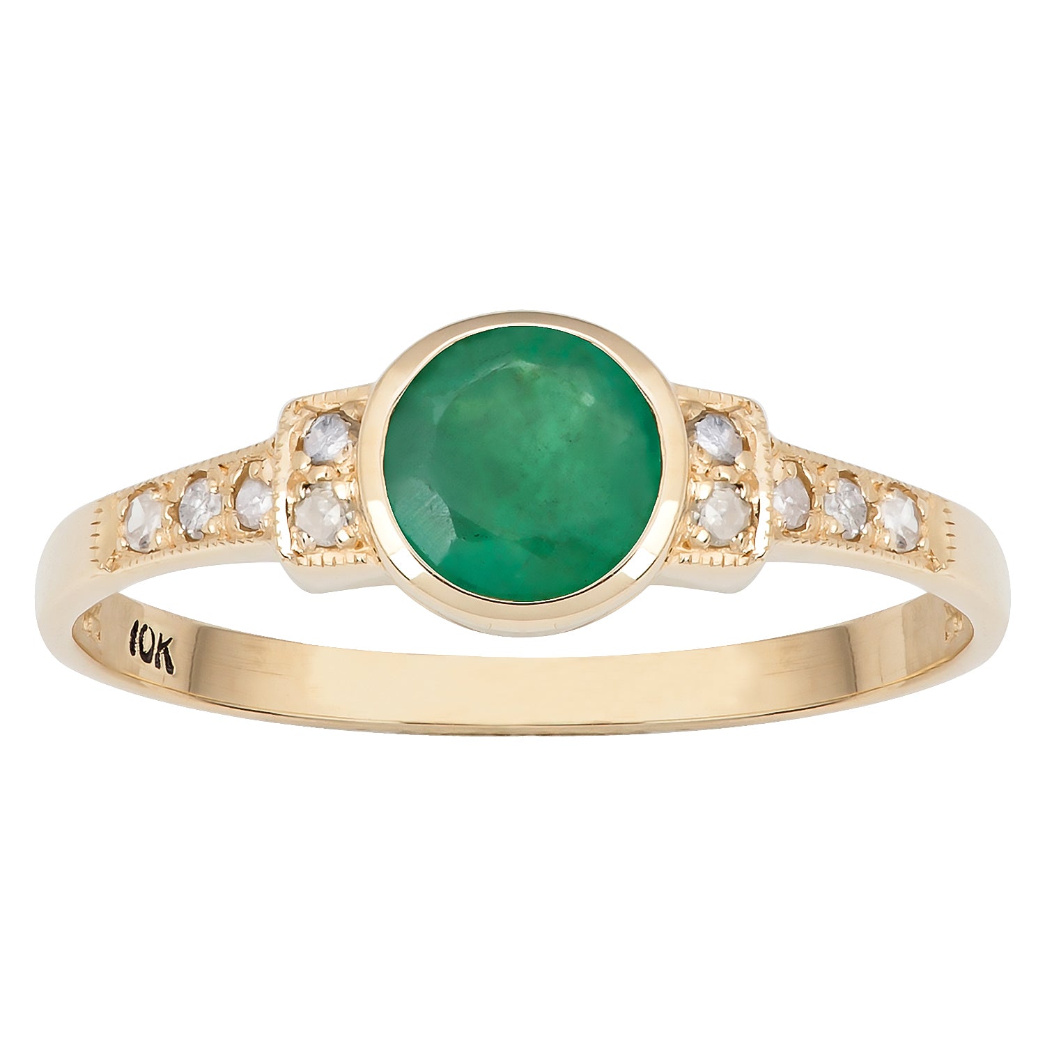 10k Yellow Gold Vintage Style Genuine Round Emerald and Diamond Ring