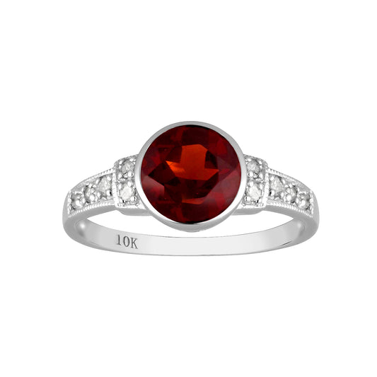 10k White Gold Vintage Style Genuine Round Garnet and Diamond Ring