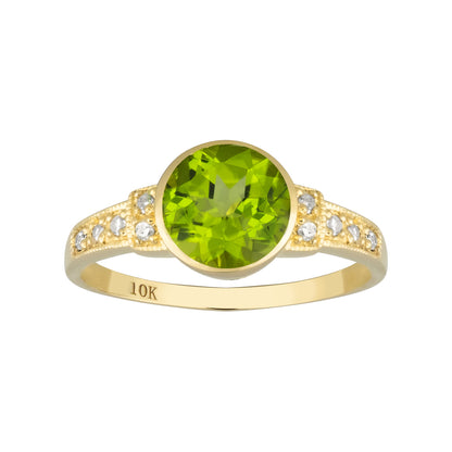 10k Yellow Gold Vintage Style Genuine Round Peridot and Diamond Ring