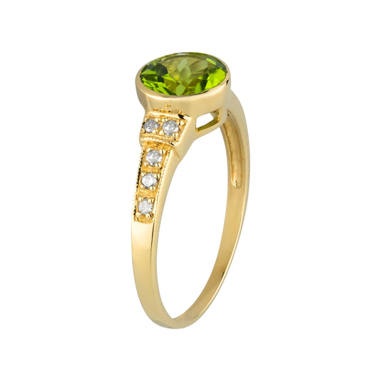 10k Yellow Gold Vintage Style Genuine Round Peridot and Diamond Ring