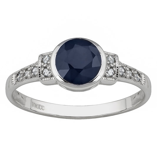 10k White Gold Vintage Style Genuine Round Sapphire and Diamond Ring