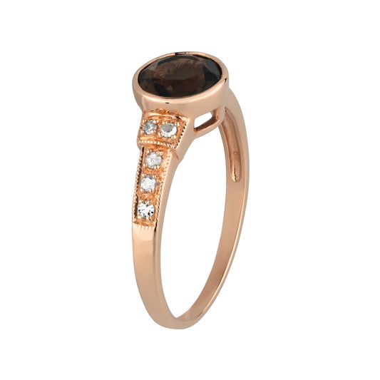 10k Rose Gold Vintage Style Genuine Round Smoky Quartz and Diamond Ring