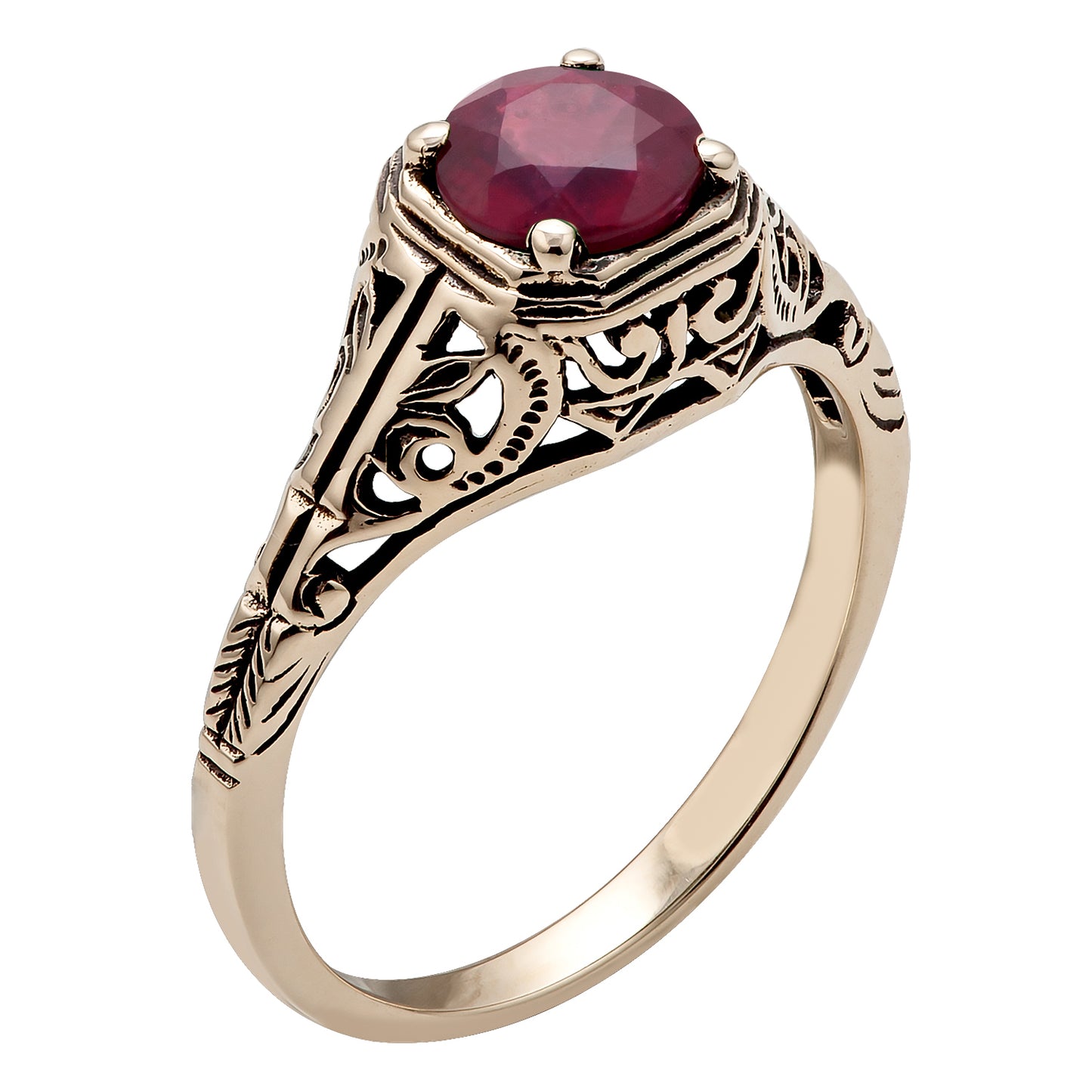 10k  Yellow Gold Vintage Style Genuine Round Ruby Filigree Ring
