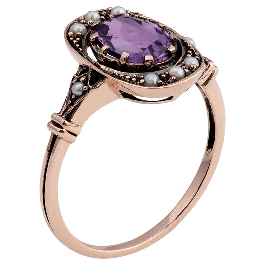 10k Rose Gold Vintage Style Genuine Oval Amethyst and Cultured-Pearl Ring