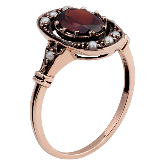 10k Rose Gold Vintage Style Genuine Oval Garnet and Cultured-Pearl Ring