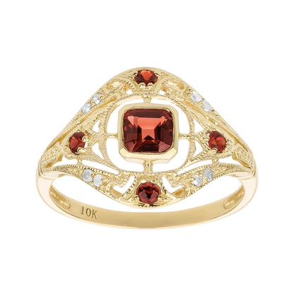10k Yellow Gold Vintage Style Genuine Garnet and Diamond Ring