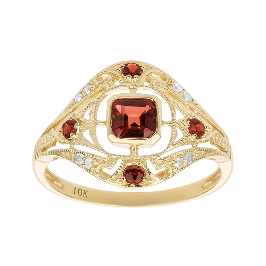 10k Yellow Gold Vintage Style Genuine Garnet and Diamond Ring