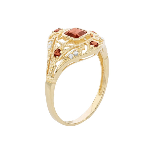 10k Yellow Gold Vintage Style Genuine Garnet and Diamond Ring