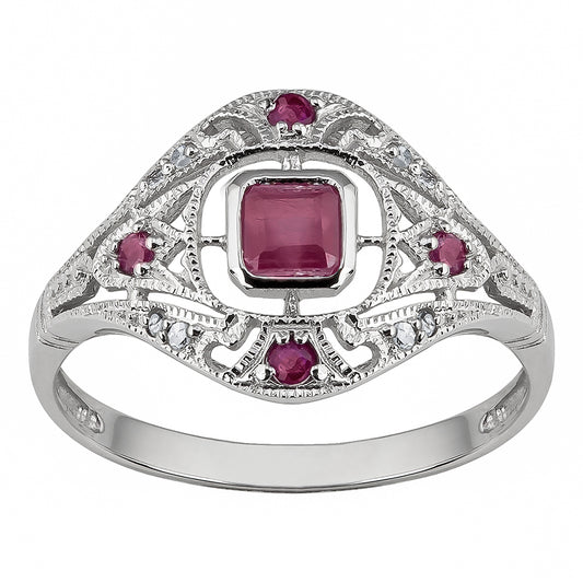 10k White Gold Vintage Style Genuine Ruby and Diamond Ring