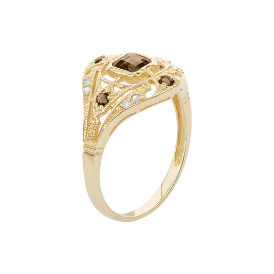 10k Yellow Gold Vintage Style Genuine Smoky Quartz and Diamond Ring