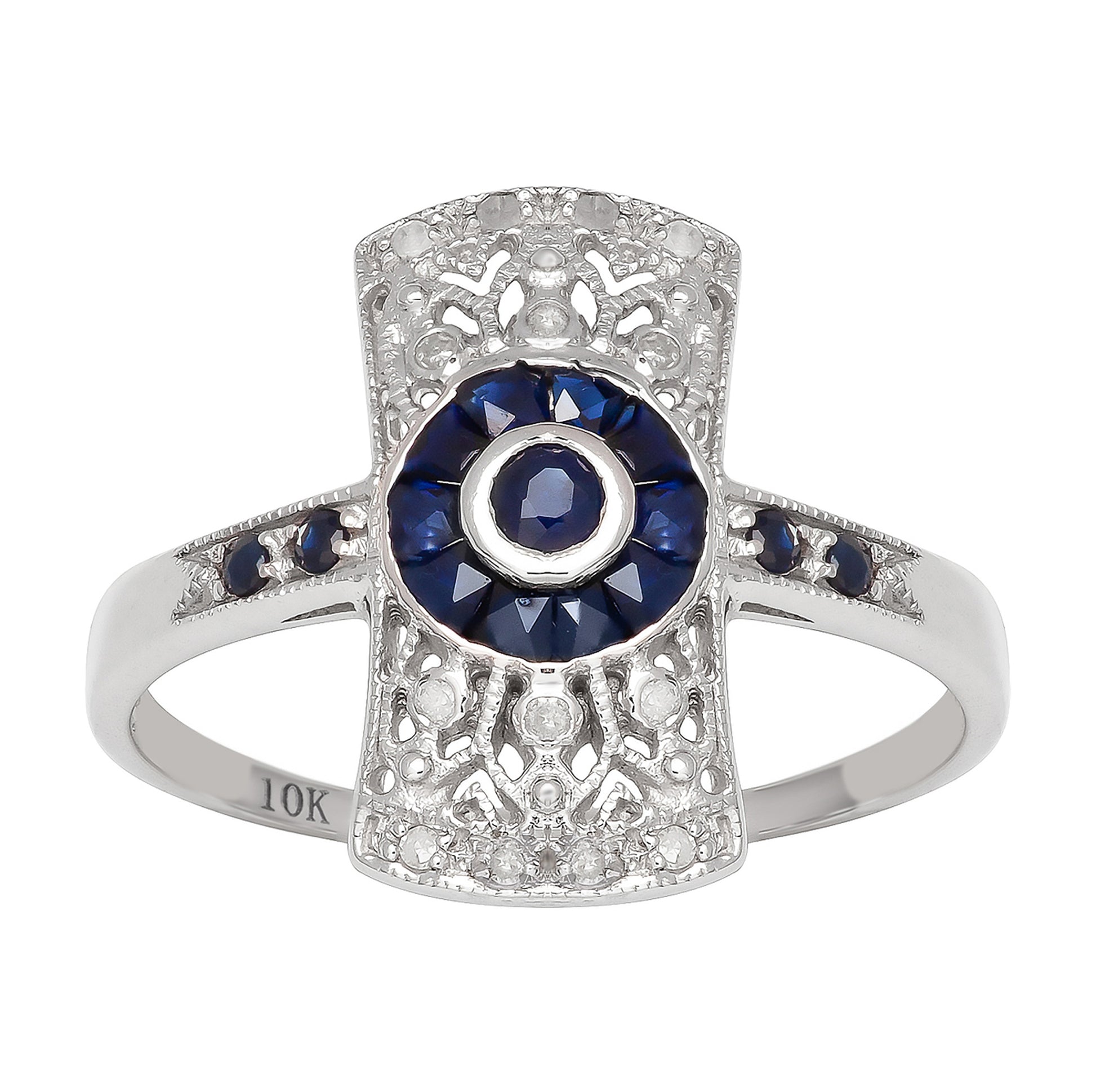 10k White Gold Antique Vintage Style Genuine Sapphire and Diamond Ring