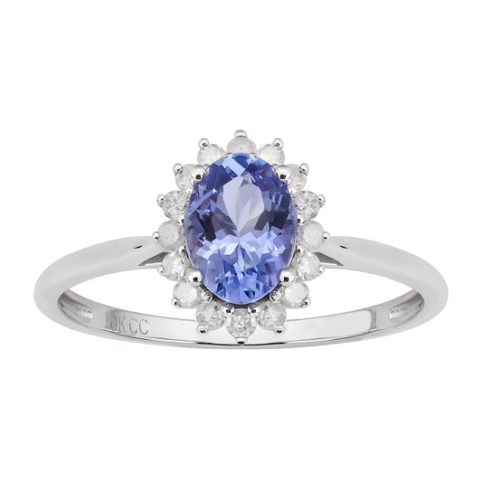 10k White Gold Oval Tanzanite and Halo Diamond Ring