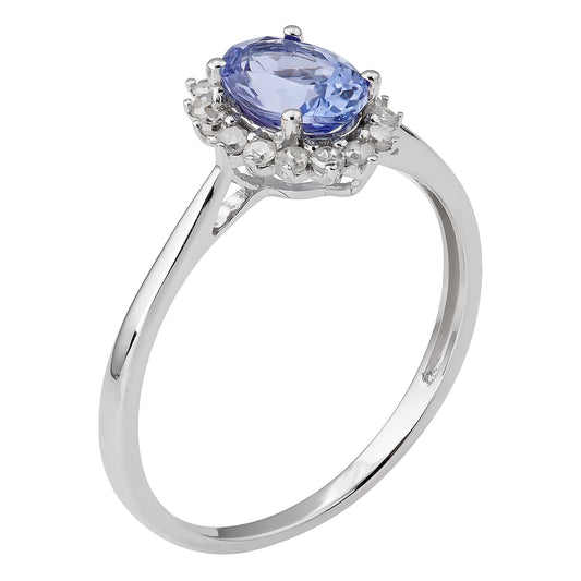 10k White Gold Oval Tanzanite and Halo Diamond Ring