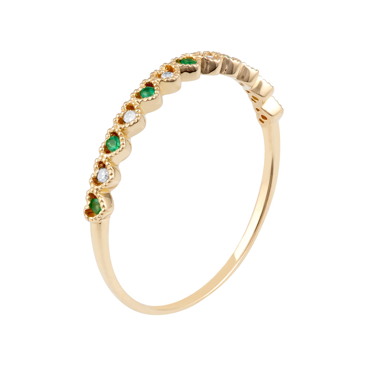 10k Yellow Gold Genuine Emerald and Diamond Petite Heart Stackable Band