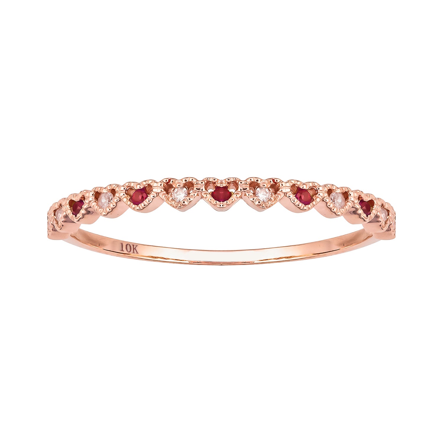 10k Rose Gold Genuine Ruby and Diamond Petite Heart Stackable Band