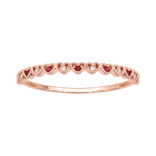 10k Rose Gold Genuine Ruby and Diamond Petite Heart Stackable Band