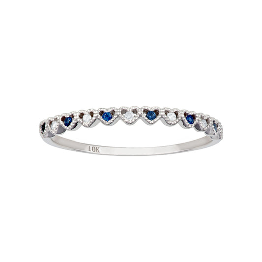 10k White Gold Genuine Sapphire and Diamond Petite Heart Stackable Band