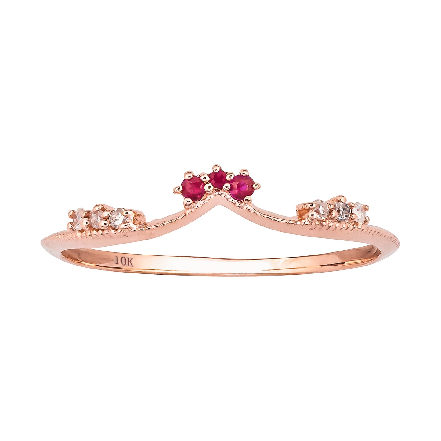 10k Rose Gold Curved Genuine Ruby and Diamond Band Guard