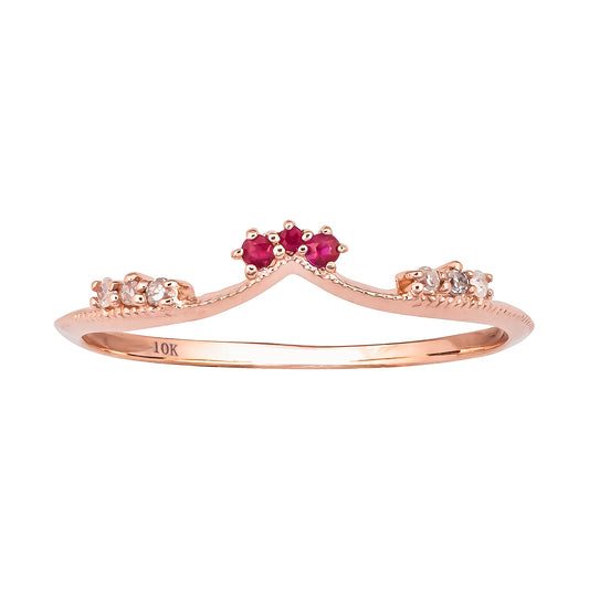 10k Rose Gold Curved Genuine Ruby and Diamond Band Guard