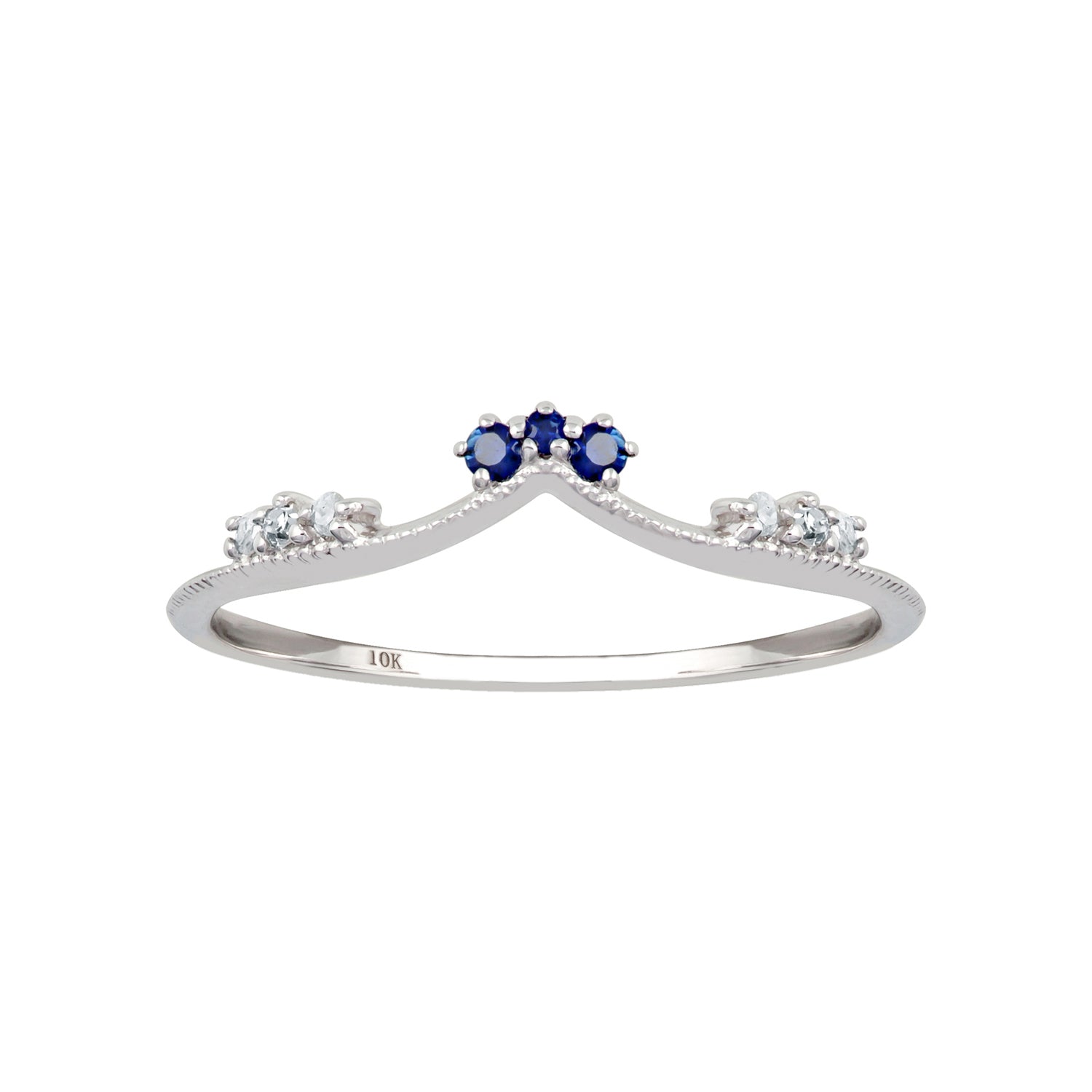 10k White Gold Curved Genuine Sapphire and Diamond Band Guard