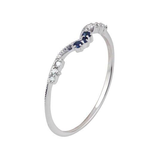 10k White Gold Curved Genuine Sapphire and Diamond Band Guard