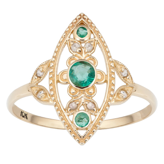 10k Yellow Gold Antique Style Genuine Round Emerald and Diamond Ring