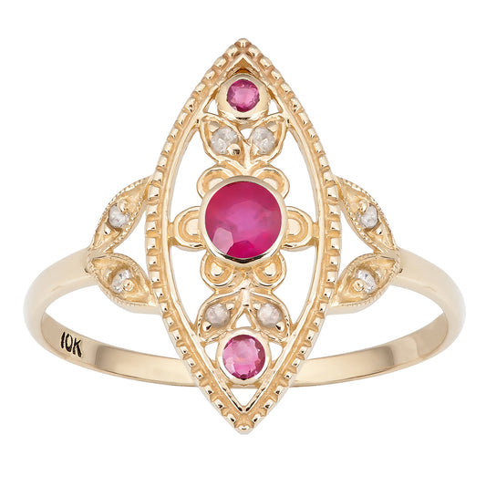 10k Yellow Gold Antique Style Genuine Round Ruby and Diamond Ring