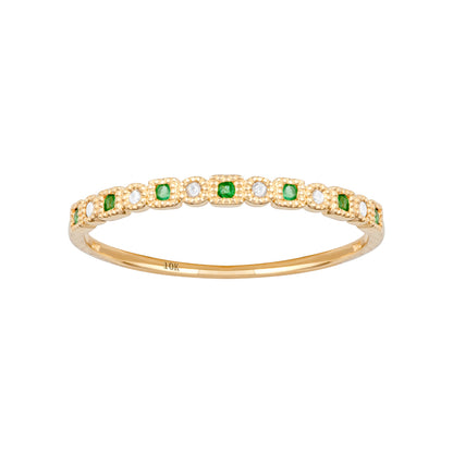 10k Yellow Gold Vintage Style Emerald and Diamond Petite Stackable Band