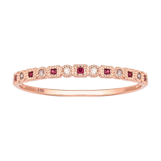 10k Rose Gold Vintage Style Ruby and Diamond Petite Stackable Band