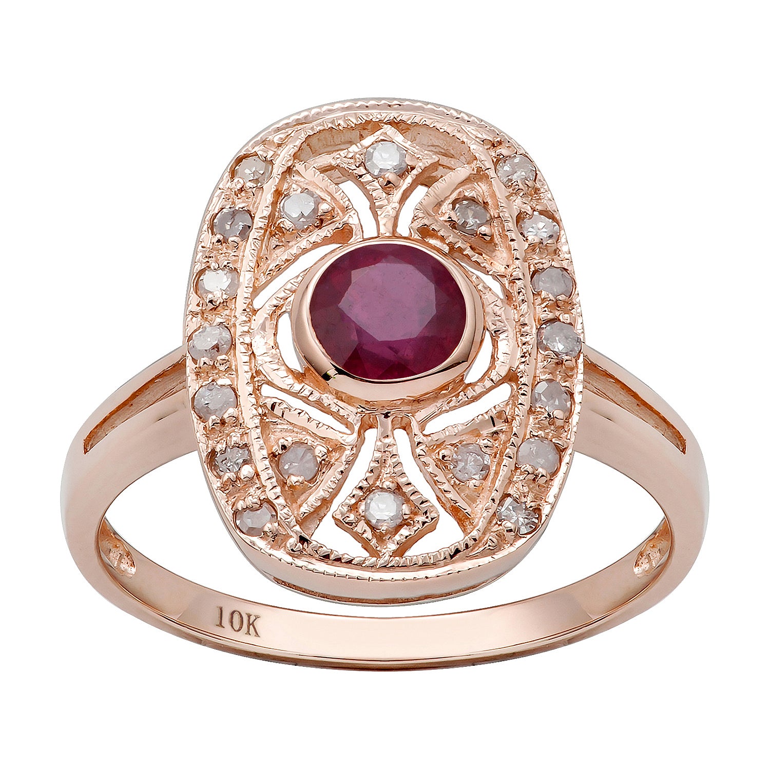 10k Rose Gold Vintage Style Genuine Round Ruby and Diamond Ring