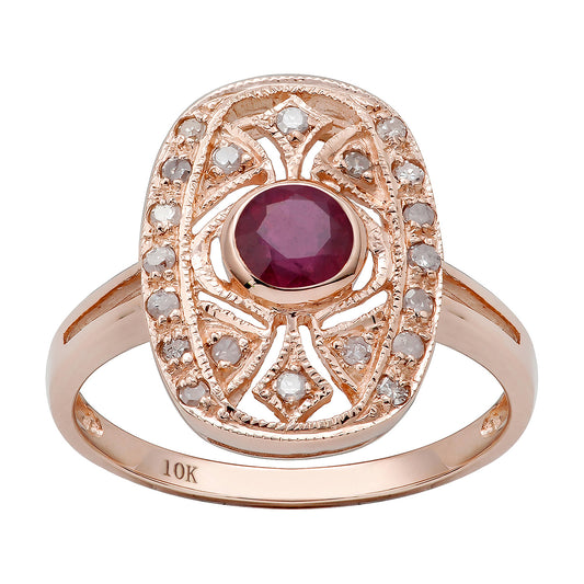 10k Rose Gold Vintage Style Genuine Round Ruby and Diamond Ring