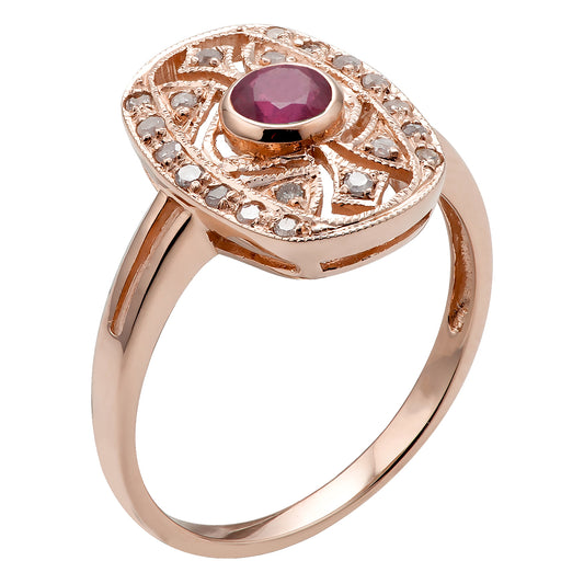 10k Rose Gold Vintage Style Genuine Round Ruby and Diamond Ring