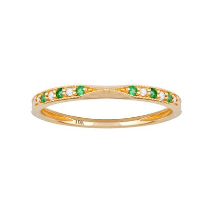 10k Yellow Gold Vintage Style Emerald and Diamond Stackable Band