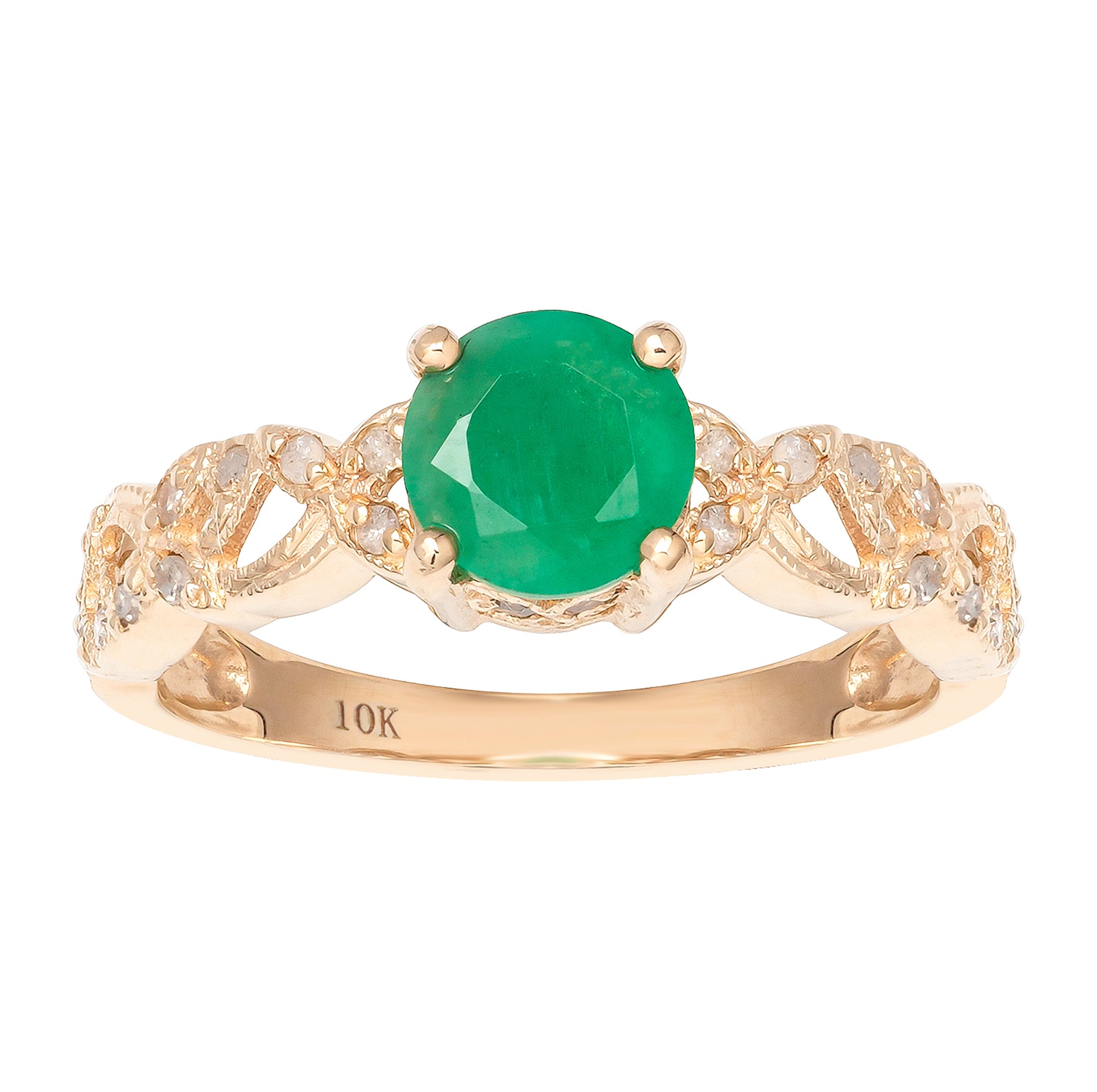 10k Yellow Gold Vintage Style Genuine Round Emerald and Diamond Filigree Ring