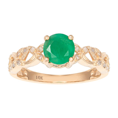 10k Yellow Gold Vintage Style Genuine Round Emerald and Diamond Filigree Ring