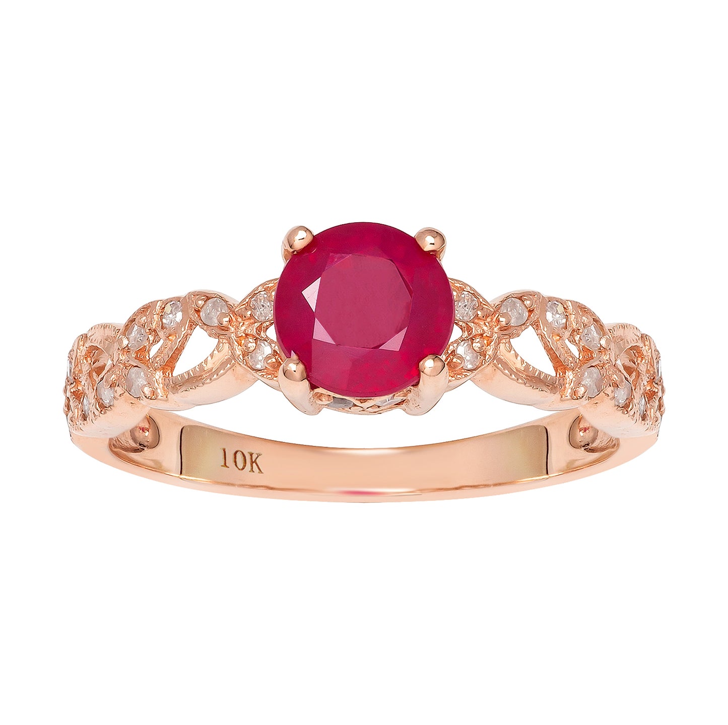 10k Rose Gold Vintage Style Genuine Round Ruby and Diamond Filigree Ring